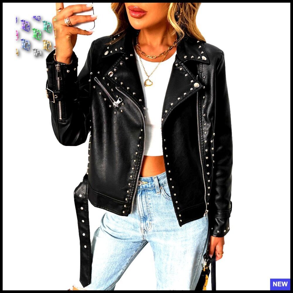 Faux Leather Moto Jacket Punk Style with Studs and Rivets Edgy Biker Coat